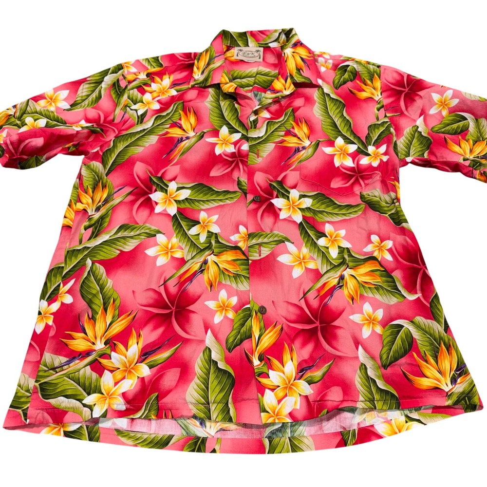 Fashion F&K Hawaiian Shirt Mens XL Pink Bird of Paradise Tropical Cotton USA